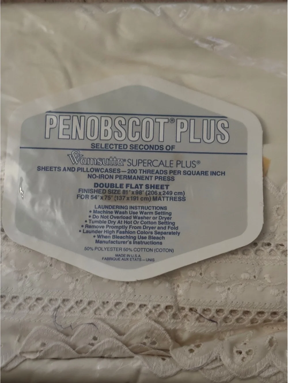 Vtg Wamsutta Penobscot Plus Beige Eyelet Double Flat Sheet NOS Wamsutta d6